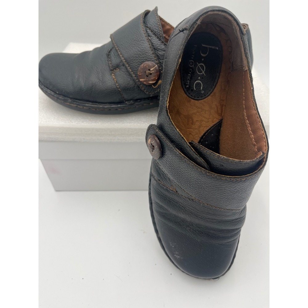 b.o.c.Born Concept Women's Black Leather Clogs w/Button Slip On Shoes